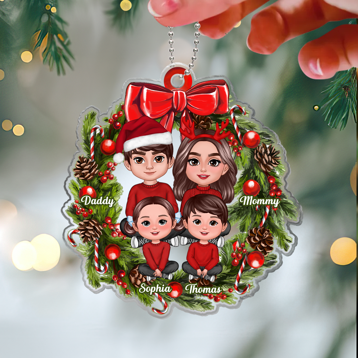 Crossed Legs Family Sitting On Chritmas Wreath Personalized Acrylic Ornament