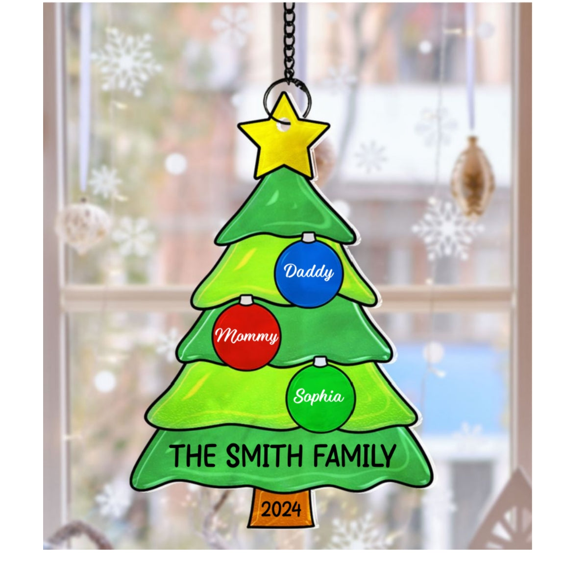 Family Christmas Tree with Jingle Bells Personalized Suncatcher, Christmas Stained Glass Decor