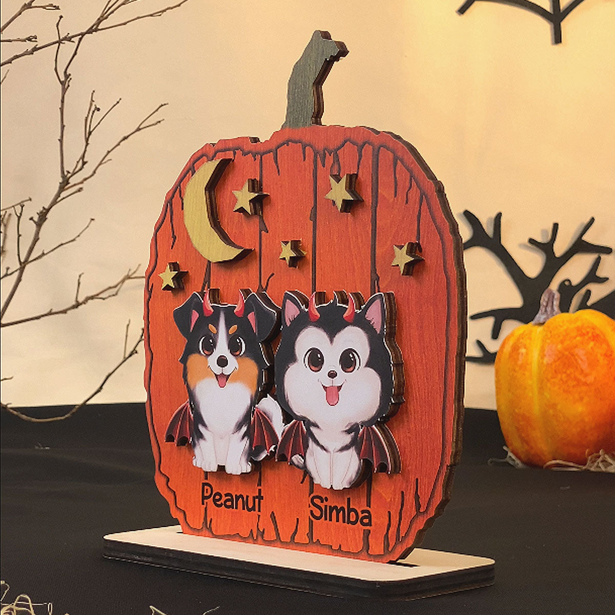 Halloween Dog Pumpkin Shaped Personalized 2-Layer Standing Wooden Plaque