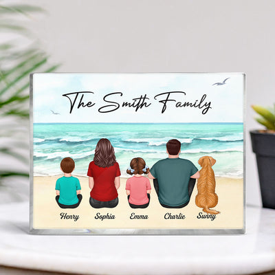 Family Couple Kid Dog Cat Sitting At Beach Personalized Horizontal Rectangle Acrylic Block Plaque