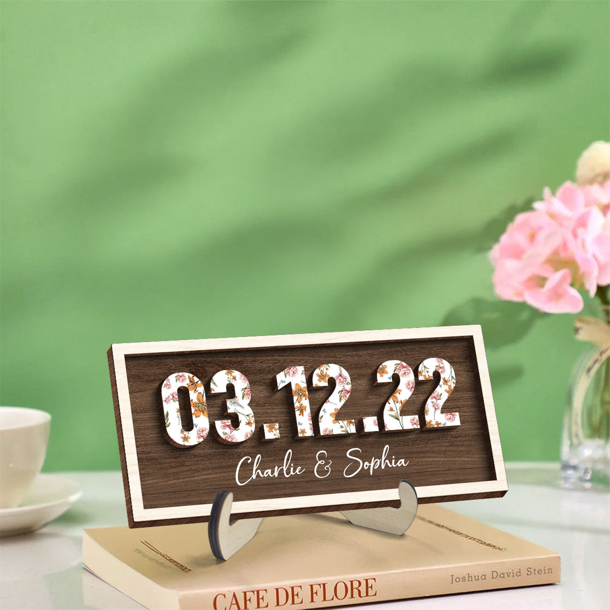 Couple Engagement Wedding Anniversary Special Date Custom Flower Printed 2-Layered Wooden Plaque,  Gift For Her, Gift For Him
