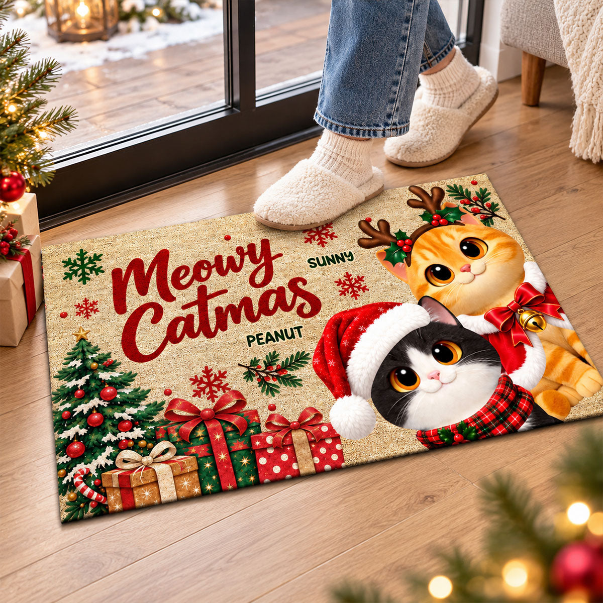 Festive Christmas Meowy Catmas Cute Cats - Personalized Doormat - Christmas Gift For Cat Lovers, Christmas Decor