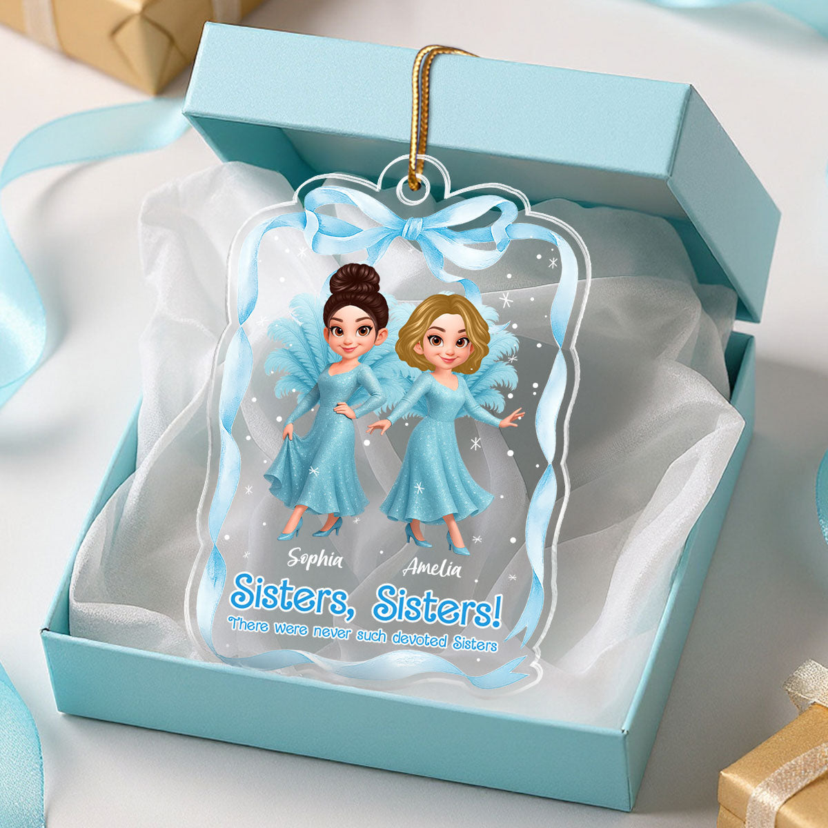 Cute Cartoon Sisters Besties Blue Dress Coquette Ribbon - Personalized Acrylic Ornament