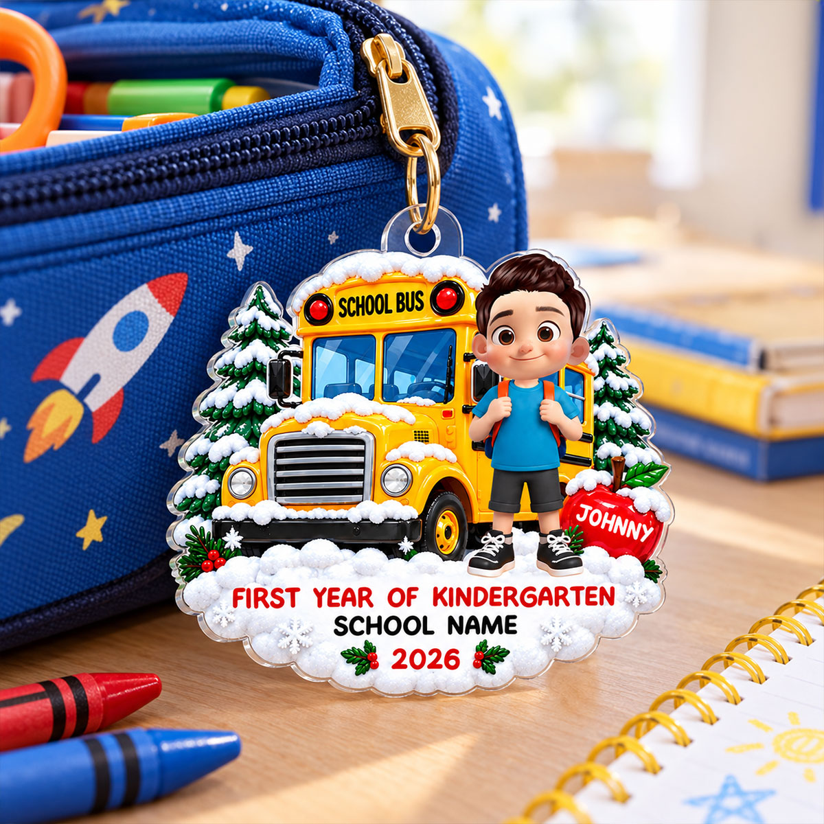 First Year Of Kindergarten School Bus - Personalized Acrylic Ornament - Christmas Gift For Kindergarten Boy Girl, Grandkids