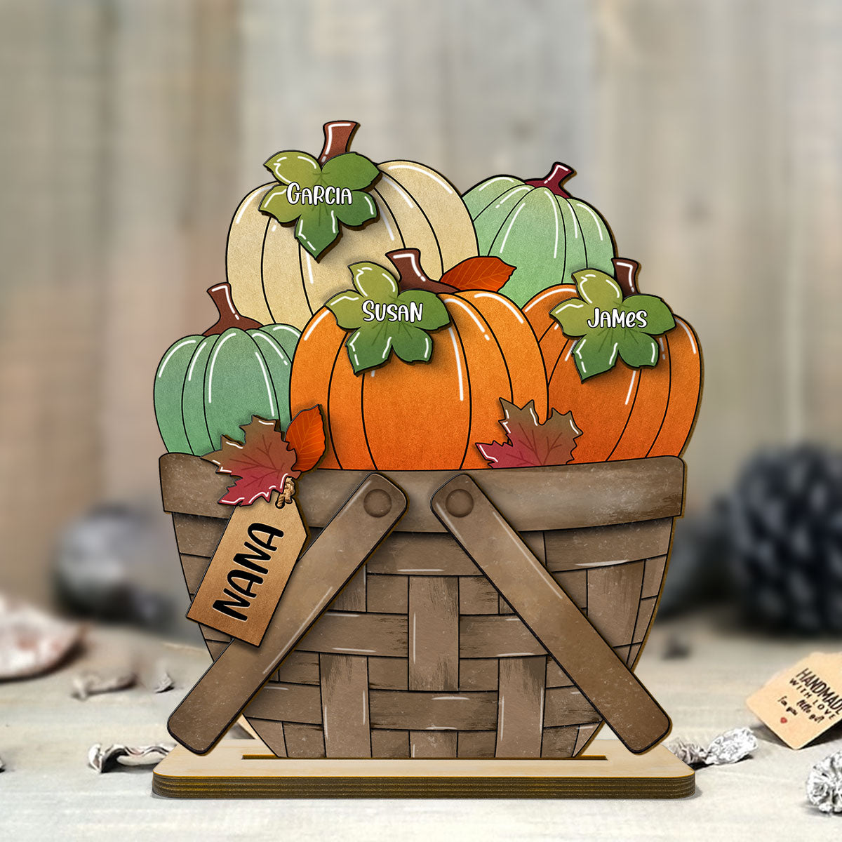 Pumpkin Fall Season For The Flower Basket Family Grandma Personalized 2-Layer Standing Wooden Plaque