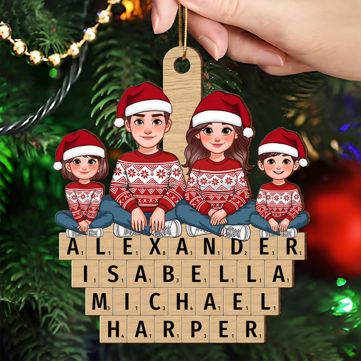 Animated Family Sitting On Wooden Blocks Names Personalized Wooden Ornament, Christmas Gift For Family