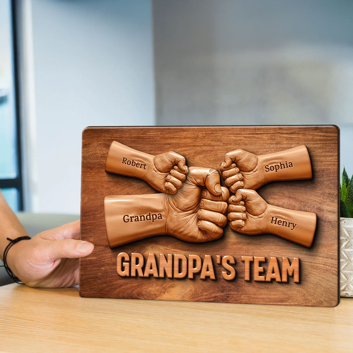 Daddy Team Fist Bump 3D Effect Wooden Sculpture Personalized 2-Layerd Wooden Plaque, Father's Day Gift