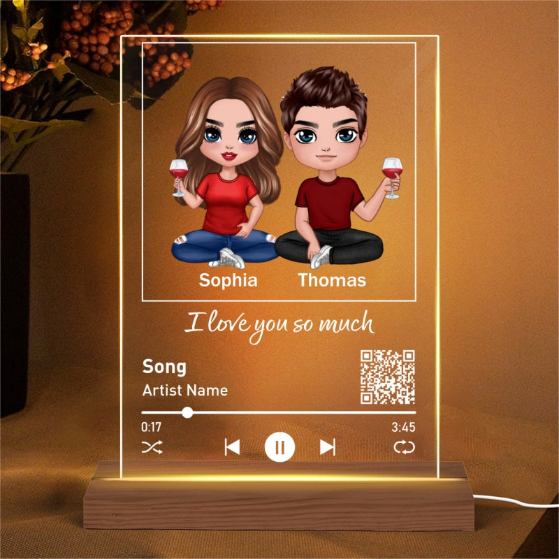 Doll Couple Sitting Favorite Love Song Scannable QR Code Personalized Rectangle Acrylic Plaque With LED Lamp Night Light
