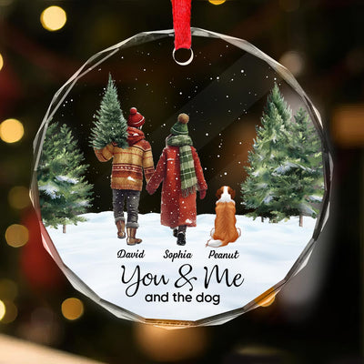 Couple You & Me And The Dog In Snowy Christmas Personalized Glass Ornament