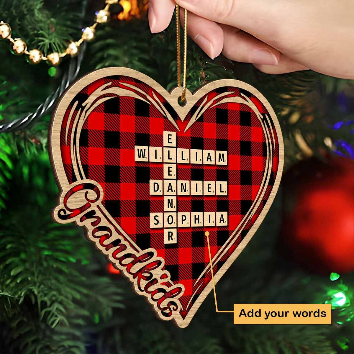 Checkered Heart Crossword Puzzle Art Personalized Wooden Ornament, Christmas Gift for Grandkids, Granddaughter Grandson, Gift for Grandma