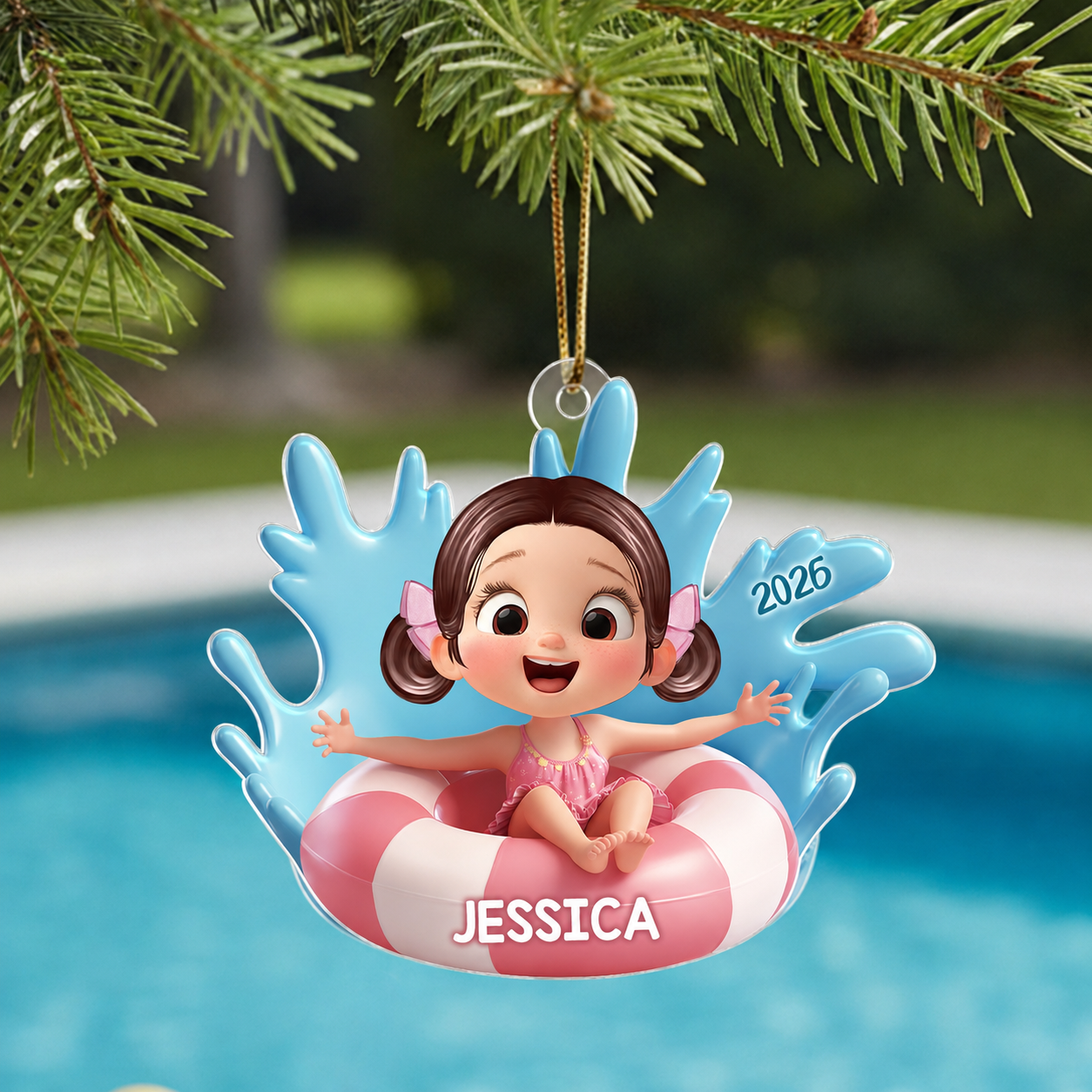 Cute Kid On Inner Tube 3D Effect Swimming Pool - Personalized Acrylic Ornament