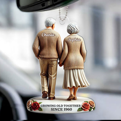 3D Effect Old Couple Holding Hands Walking Together Personalized Car Hanger Ornament, Heartfelt Gift For Couple, For Him, For Her, Husband, Wife
