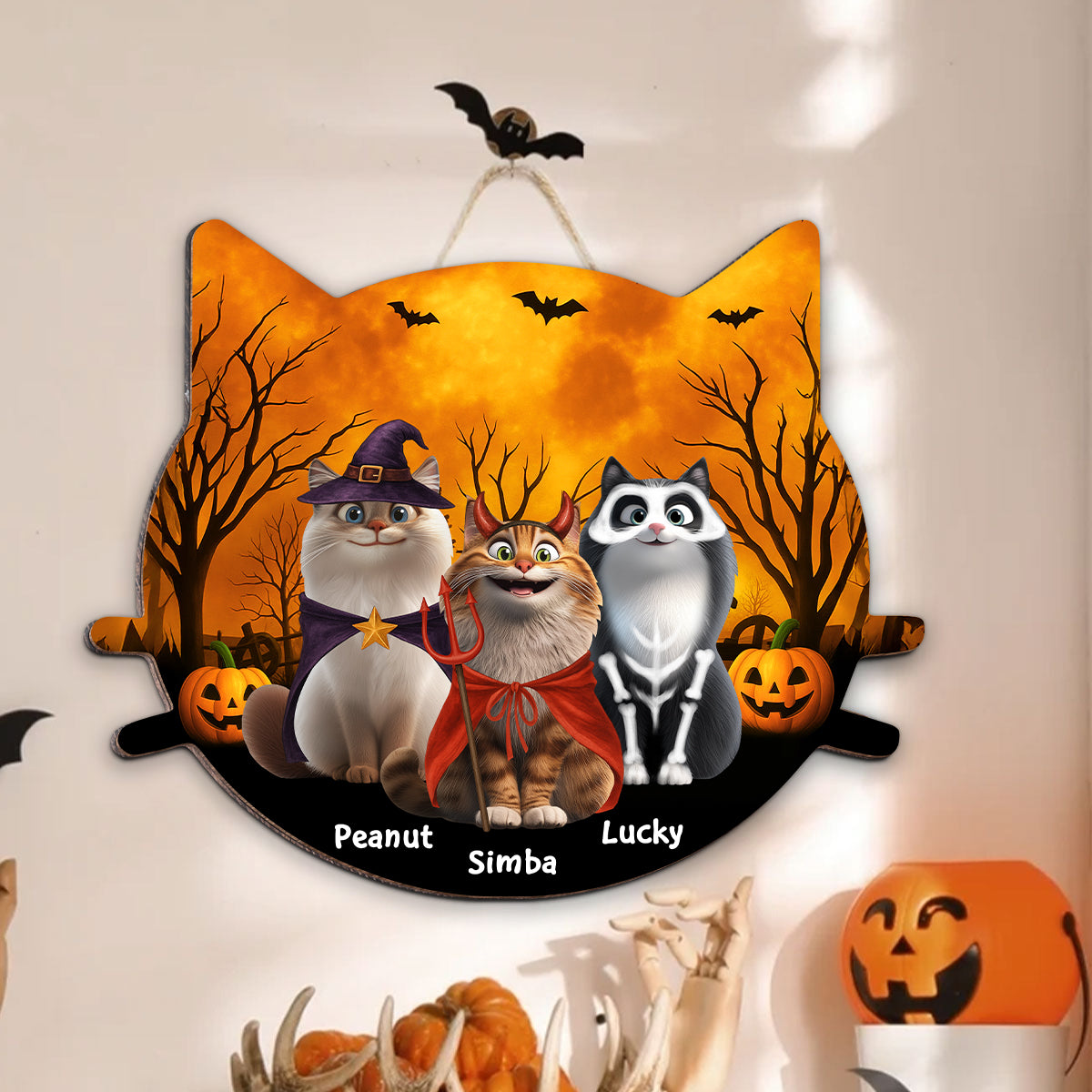 Halloween Cat Face Shaped Personalized Wooden Door Sign, Halloween Decor for Cat Lovers, Cat Moms, Cat Dads