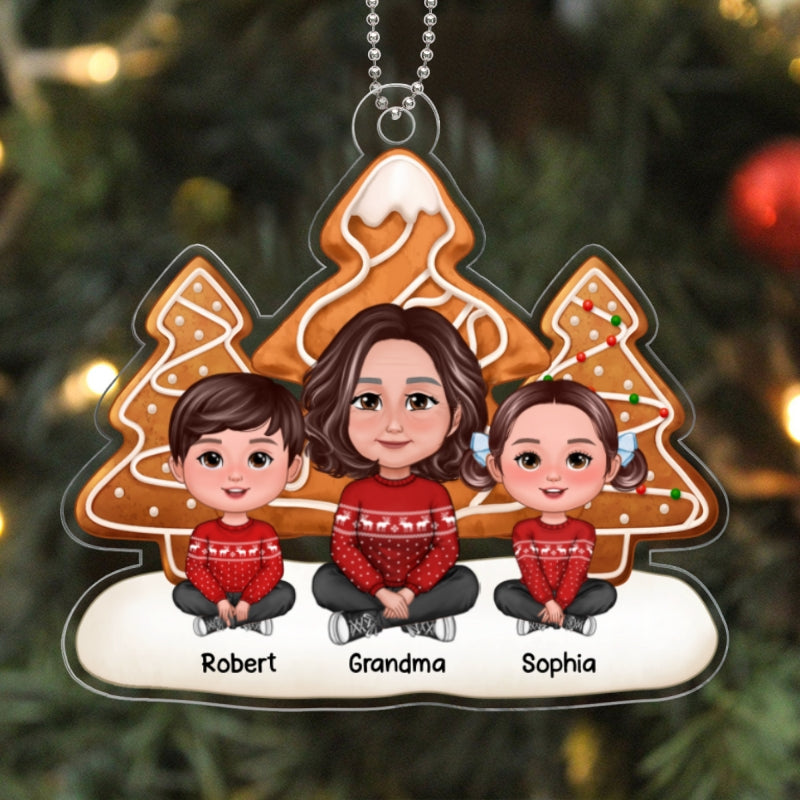 Simple Ginger Bread Christmas Trees Grandma & Grandkids Sitting Personalized Acrylic Ornament