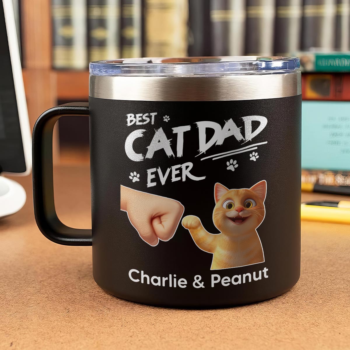 Best Cat Dad Ever Personalized Stainless Steel Tumbler With Handle, Unique 2025 Father's Day Gift For Cat Lovers