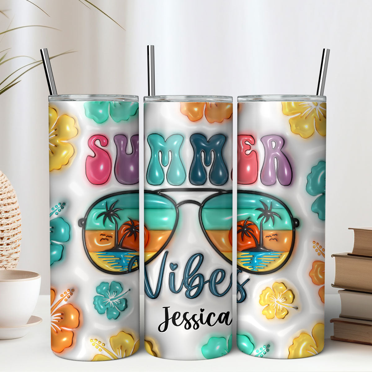 3D Summer Vibes Inflated Tumbler Wrap, 3D Tropical Summer Flower, Personalized Tumbler