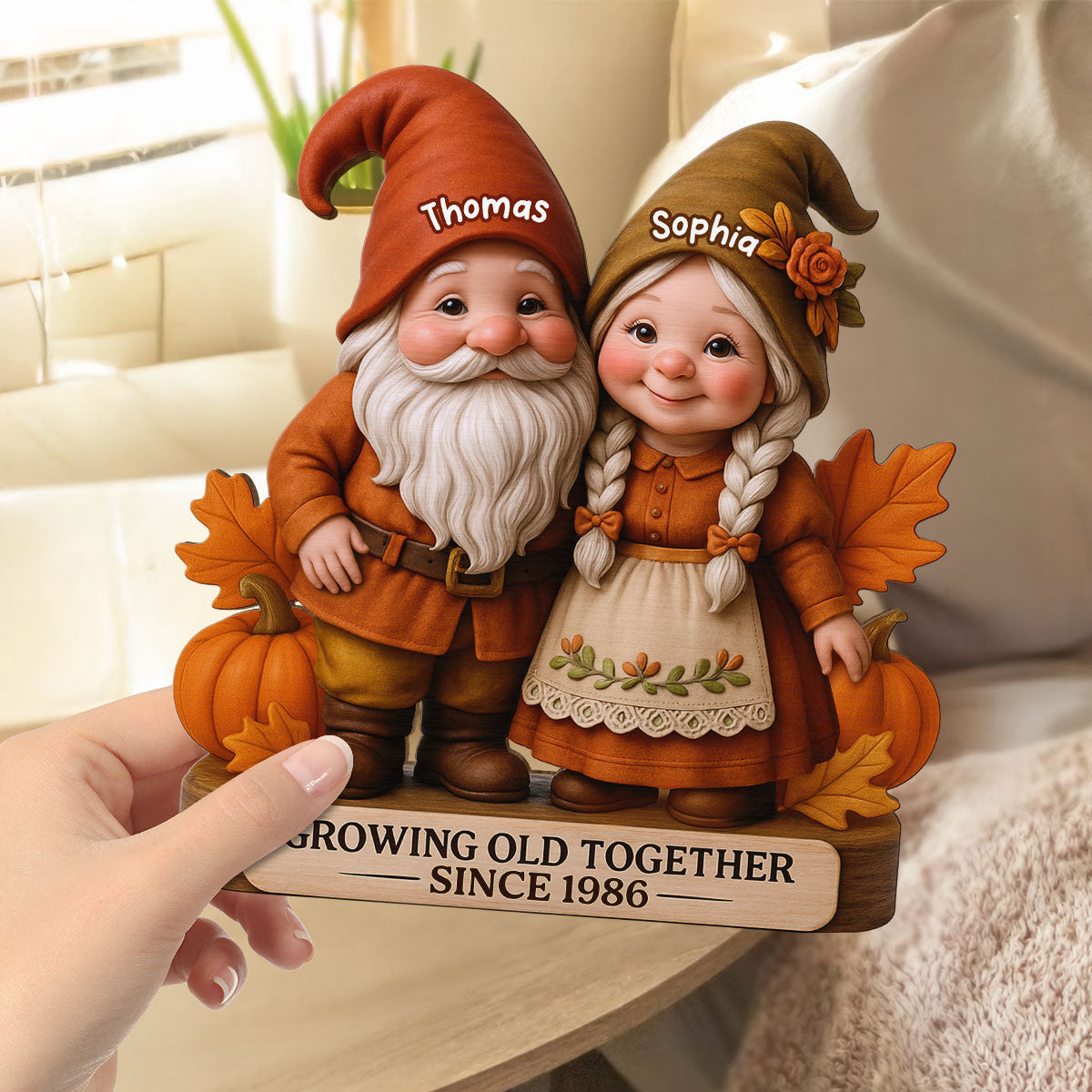 3D Effect Fall Season Gnome Couple Personalized Standing Wooden Plaque| Anniversary Gift, Birthday Gift, Wedding Gift For Couple