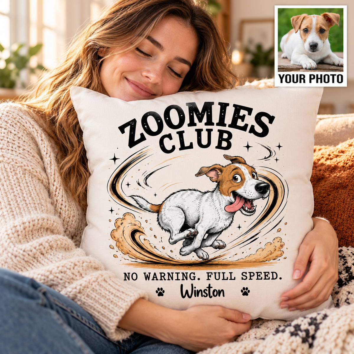 Zoomies Club Official Member Quirky Dog Portrait From Your Custom Pet Photo - Personalized Pillow - Funny Gift For Dog Cat Lover