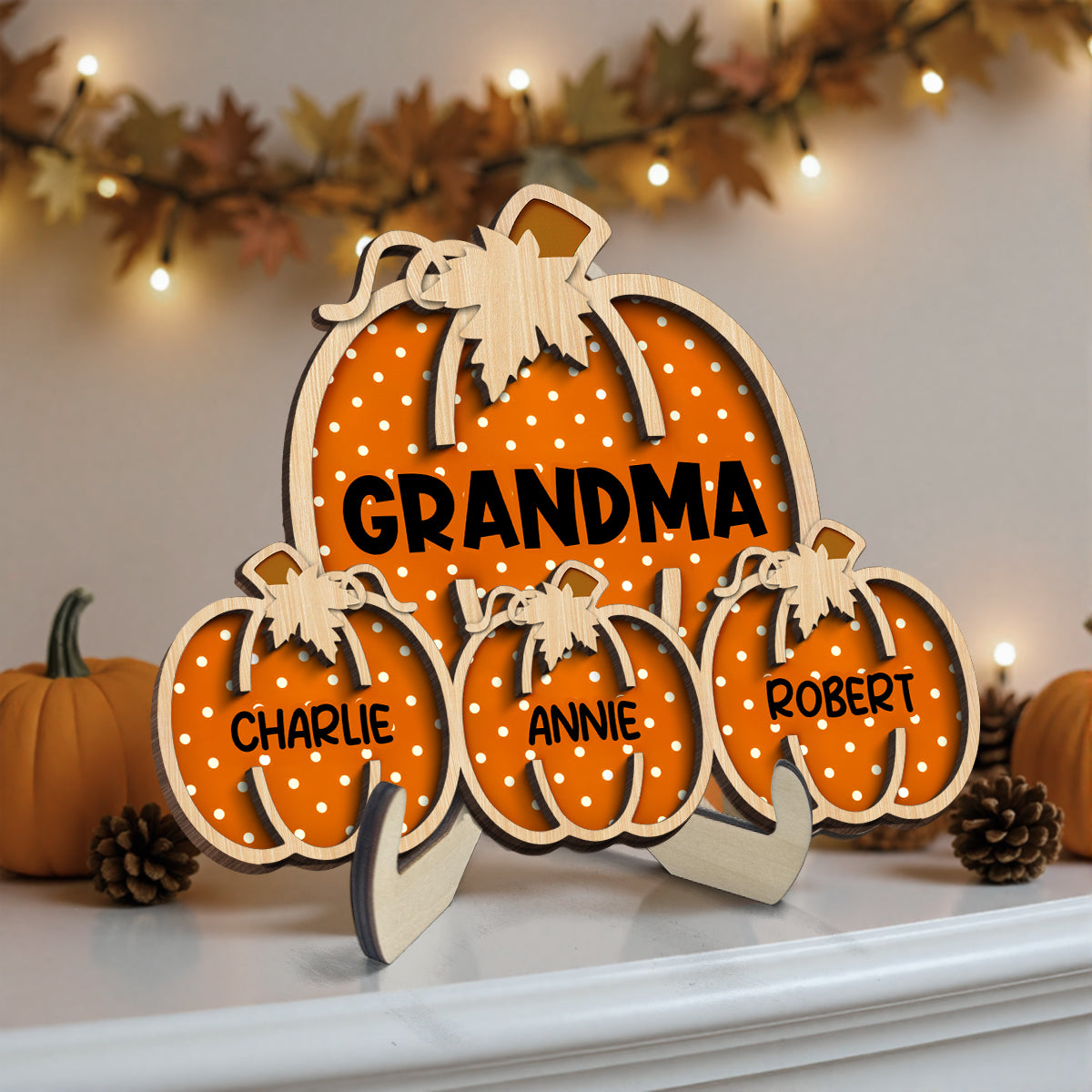 Fall Season Grandma Little Pumpkins Polka Dot Pattern Personalized 2-Layer Wooden Plaque