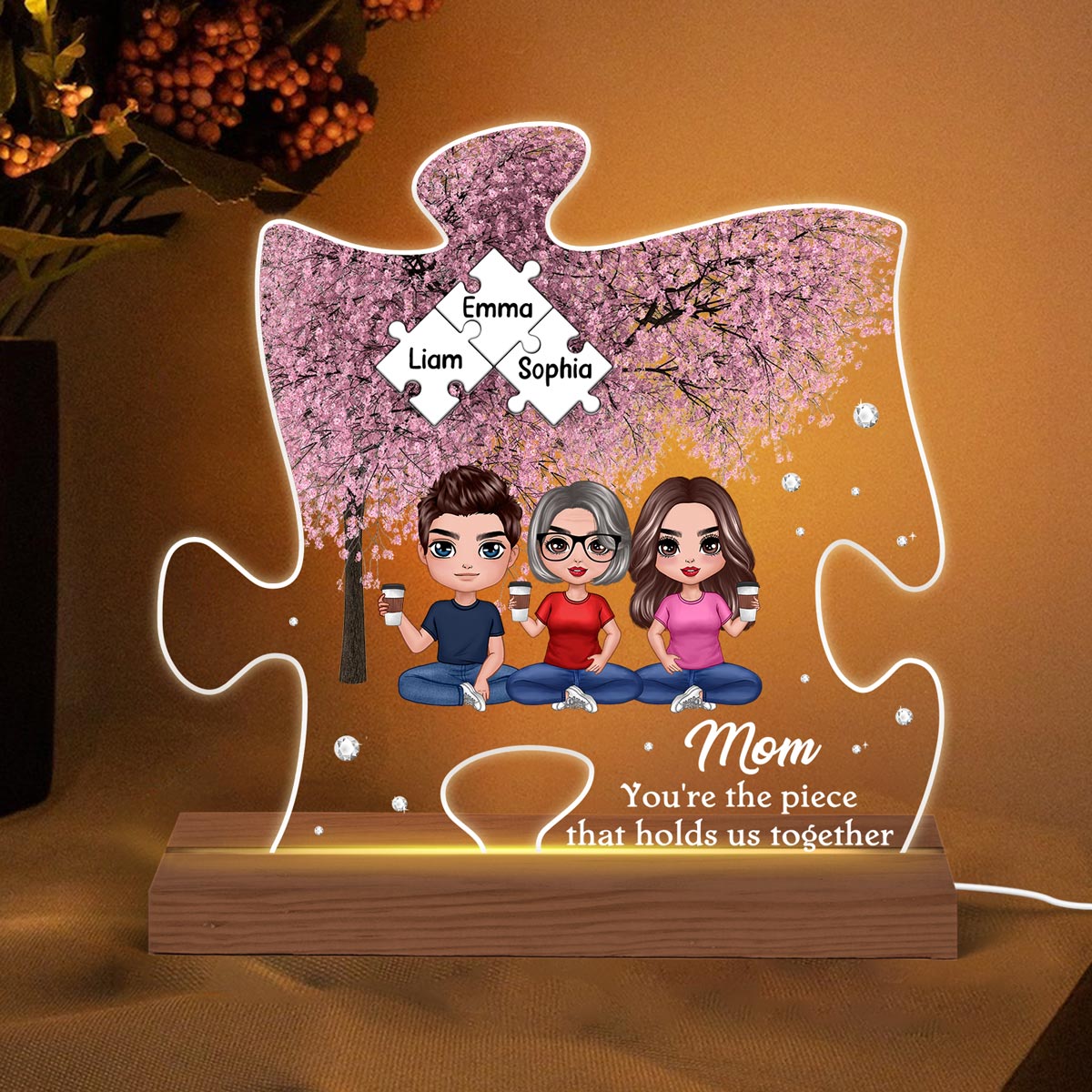 Mom The Piece That Holds Us Together Pink Tree Personalized Acrylic Puzzle LED Night Light