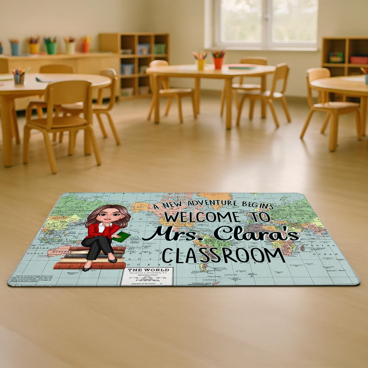 World Map Adventure Themed Teacher Welcome To Classroom Personalized Doormat, Back To School, Classroom Decor
