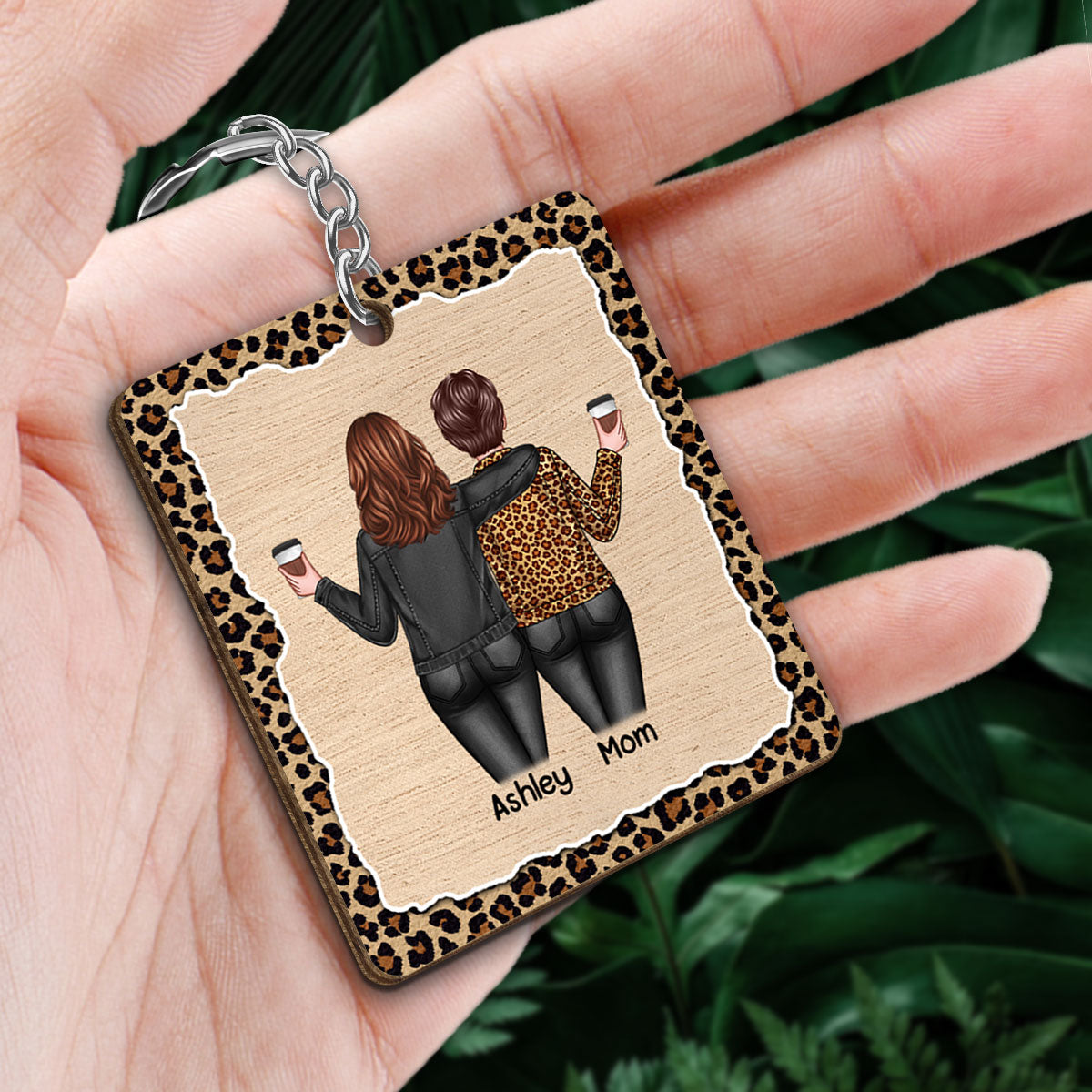 Back View Mom Daughter Like Mother Like Daughter Leopard Pattern Personalized Wooden Keychain