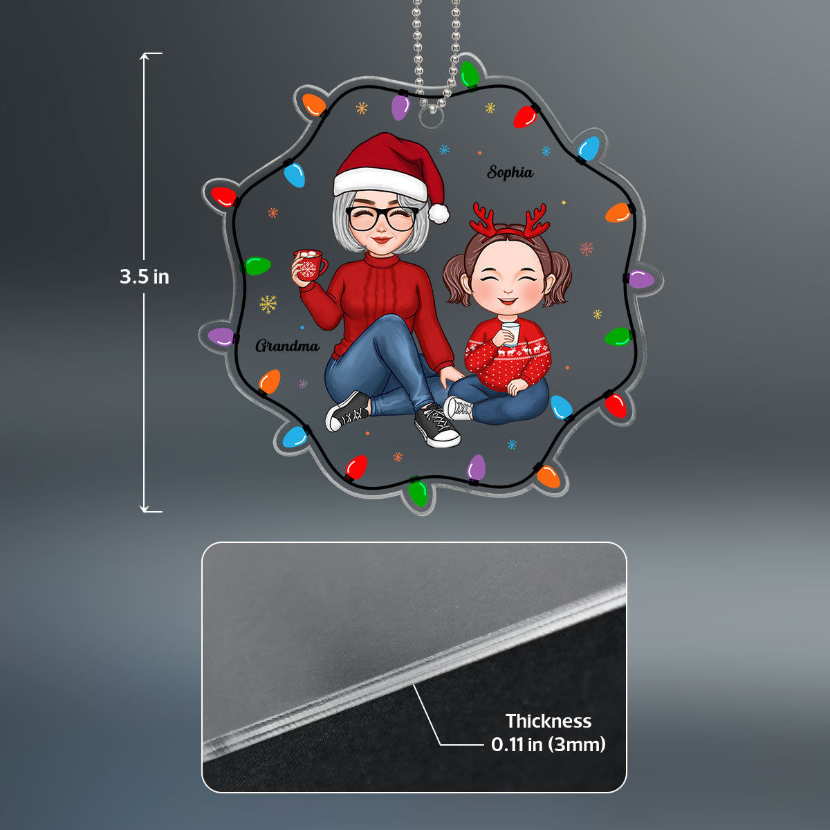 Cute Grandma Grandkid Sitting Inside Christmas Light String Personalized Acrylic Ornament