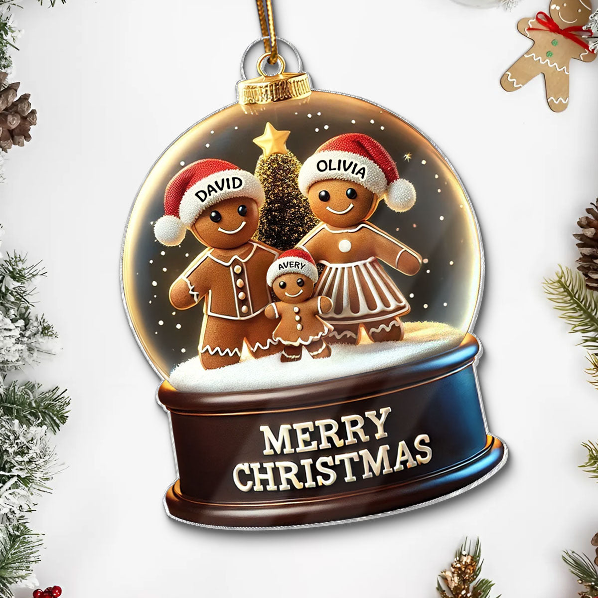 Gingerbread Family In Snow Globe 3D Effect Personalized Acrylic Ornament