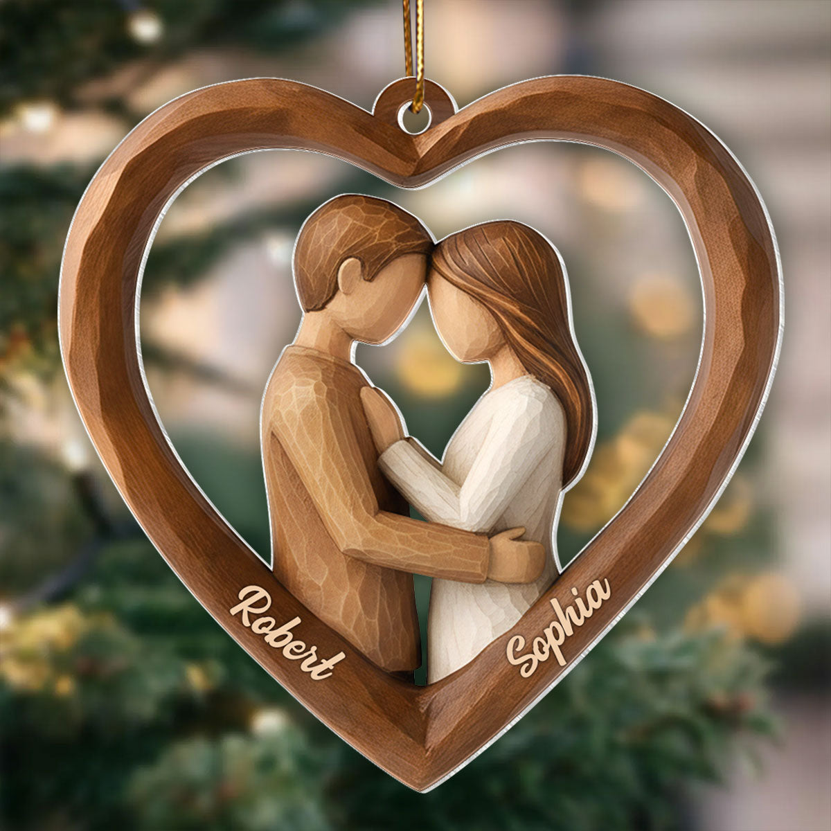 Couple Heart Love 3D Wooden Effect - Personalized Acrylic Ornament - Christmas Gift for Couples