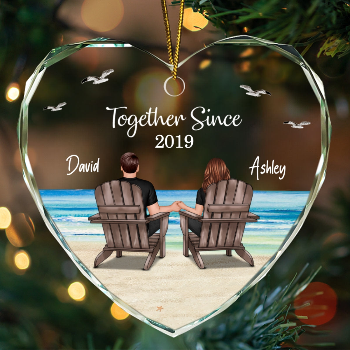 Couple Sitting Eternal Sunset Beach Personalized Heart Glass Ornament, Heartfelt Christmas Gift For Girlfriend, For Wife