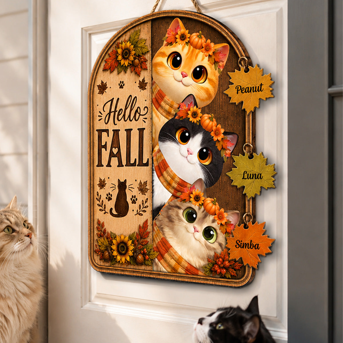 Hello Fall Peeking Cats 2D Flat - Personalized Door Sign - Fall Season Decor For Cat Lovers