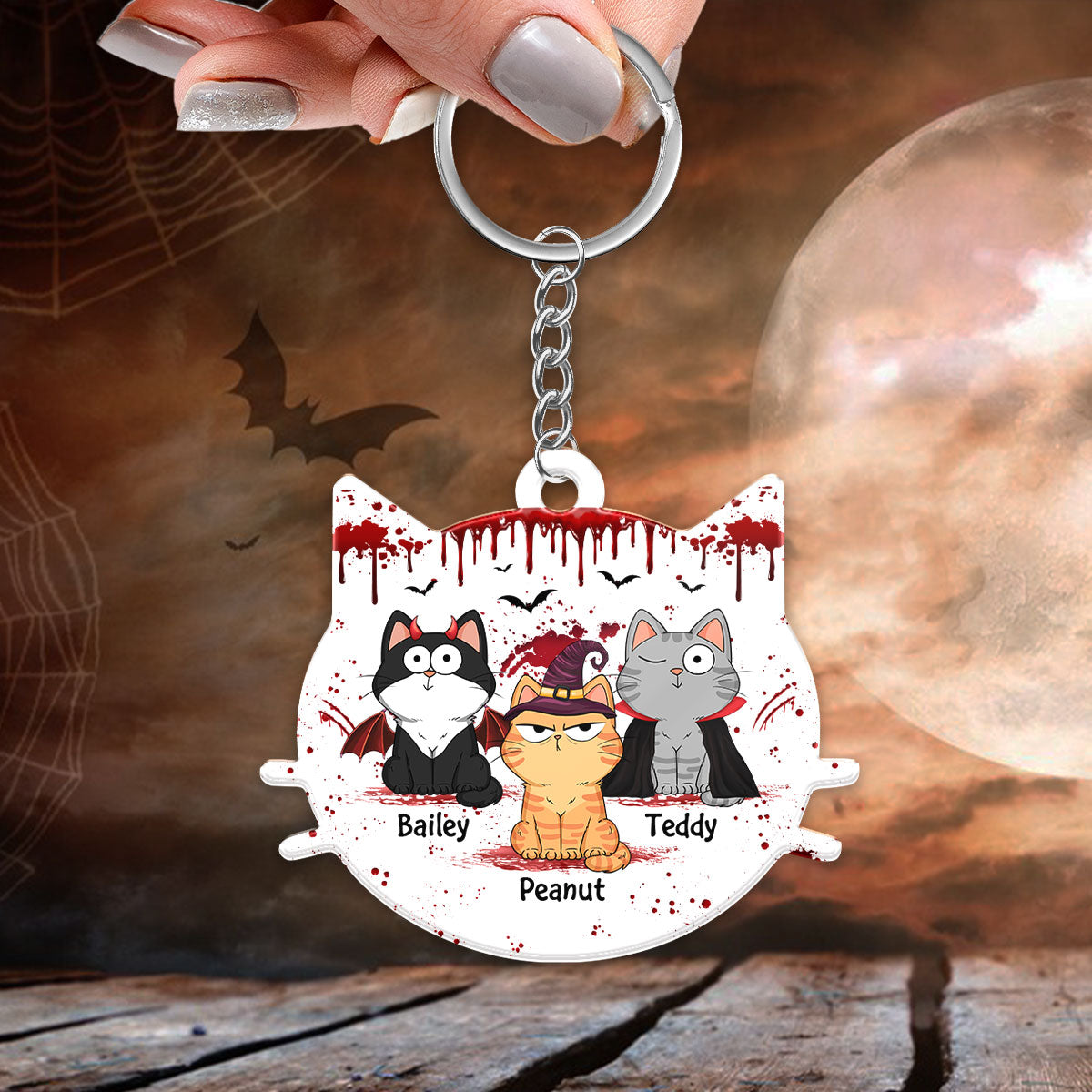 Cat Face Shape Happy Meowloween Fluffy Funny Cats Expressions Personalized Acrylic Keychain