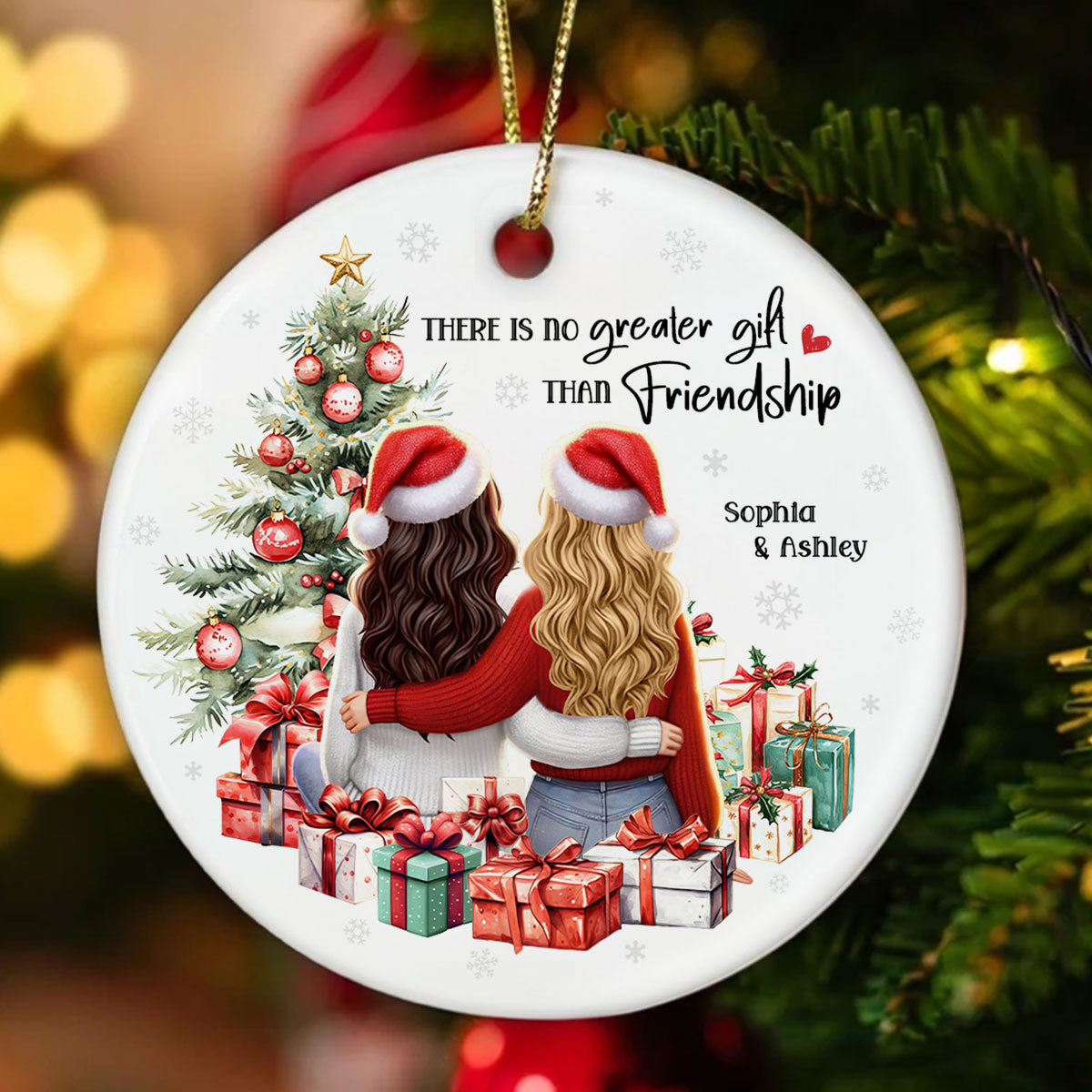 Personalized Christmas Ornament – Besties Sisters by the Tree with Festive Gifts and Holiday Cheer