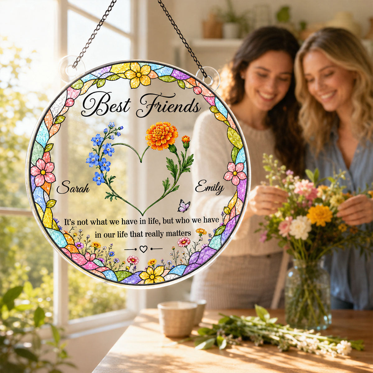 Best Friends Birth Month Flowers Heart Shaped - Personalized Acrylic Window Hanging - Friendship Gift for Besties