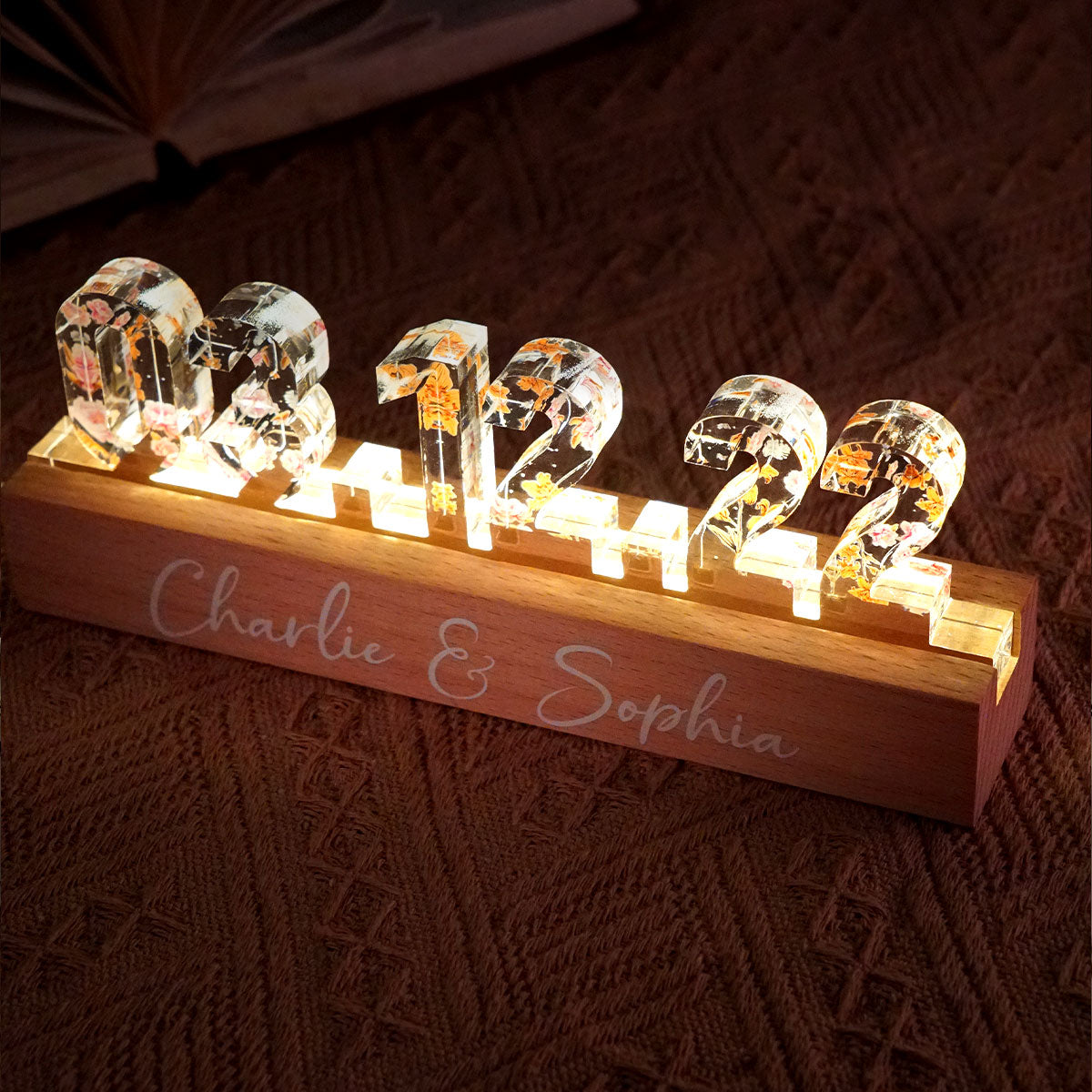 Couple Engagement Wedding Anniversary Special Date Custom Flower Printed LED Night Light, Unique Valentine's Day Gift For Him, Gift For Her