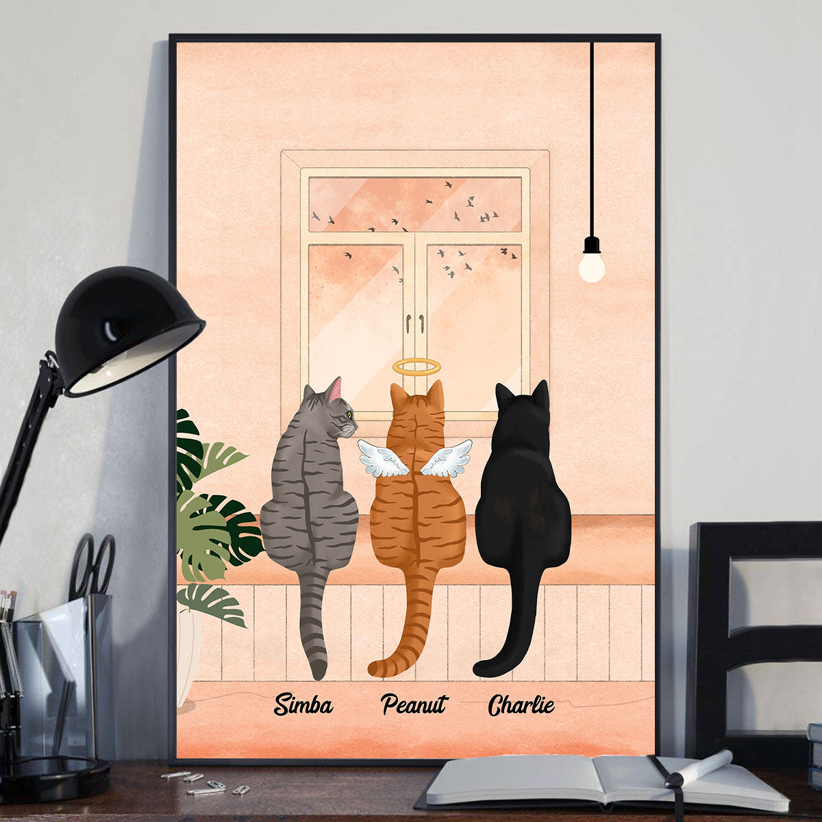 Cat Portrait Print Looking At Birds Outside Window Personalized Poster