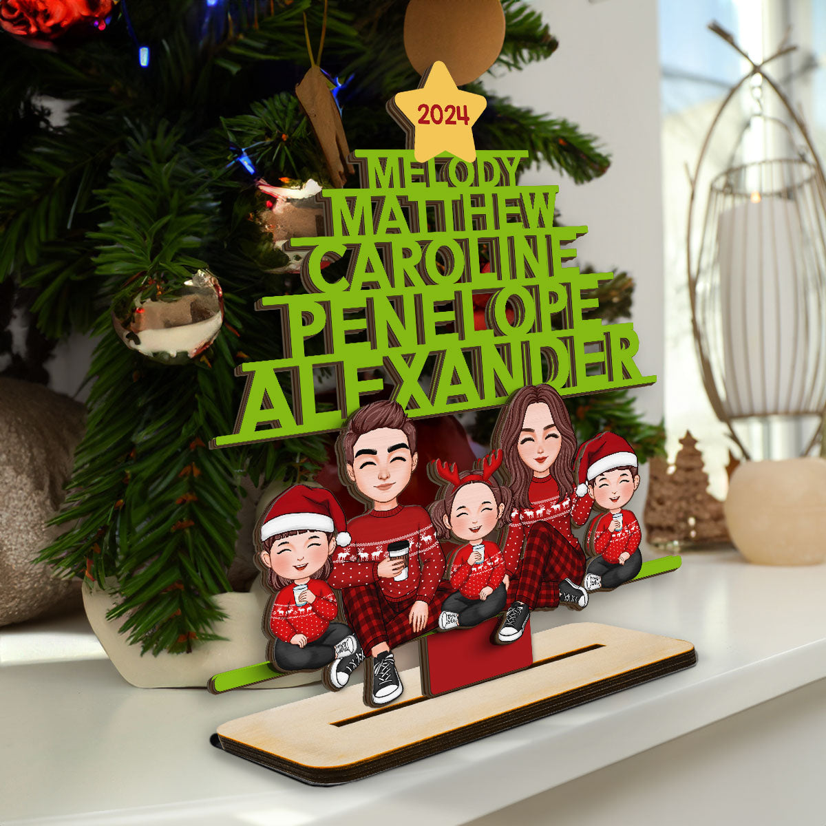 Family Names Christmas Tree Personalized 2-Layer Standing Wooden Plaque