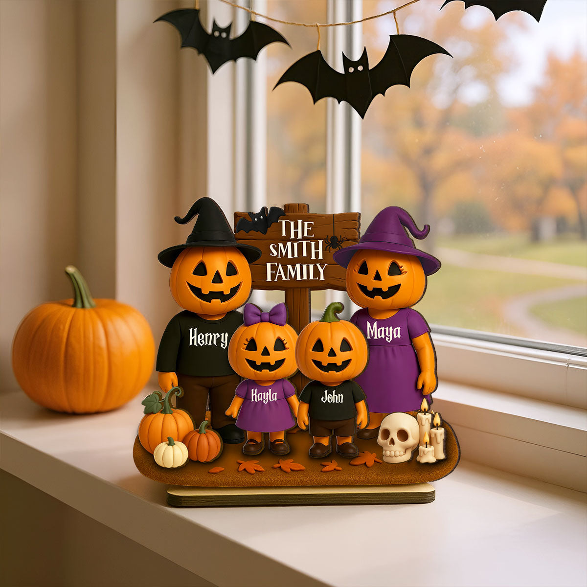 Jack O' Lantern Grandparents, Grandkids 3D Effect Personalized 2-Layered Standing Wooden Plaque, Halloween Decor