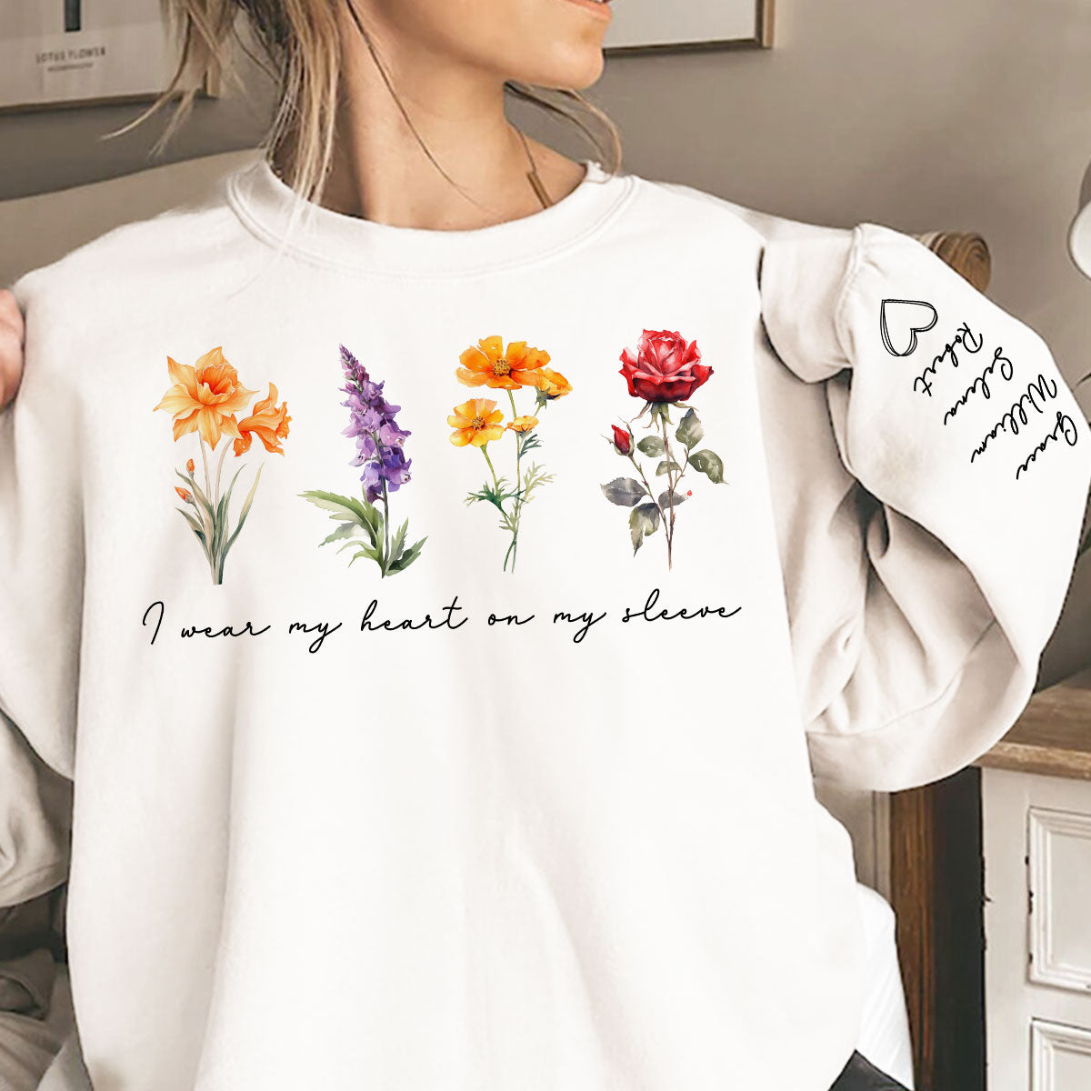 Beautiful Birth Month Flowers Personalized Sleeve Printed Sweatshirt, Gift For Mom Granma Aunt
