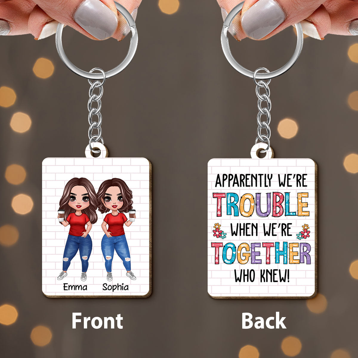 Colorful Pattern Doll Besties Gift For Best Friends Matching Personalized Wooden Keychain