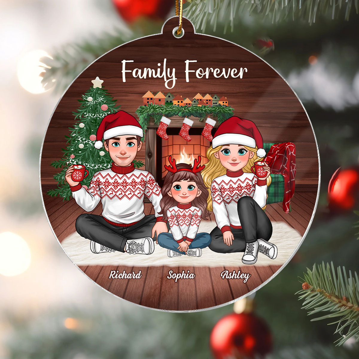 Animated Family Sitting In Cozy House Christmas Personalized Acrylic Ornament