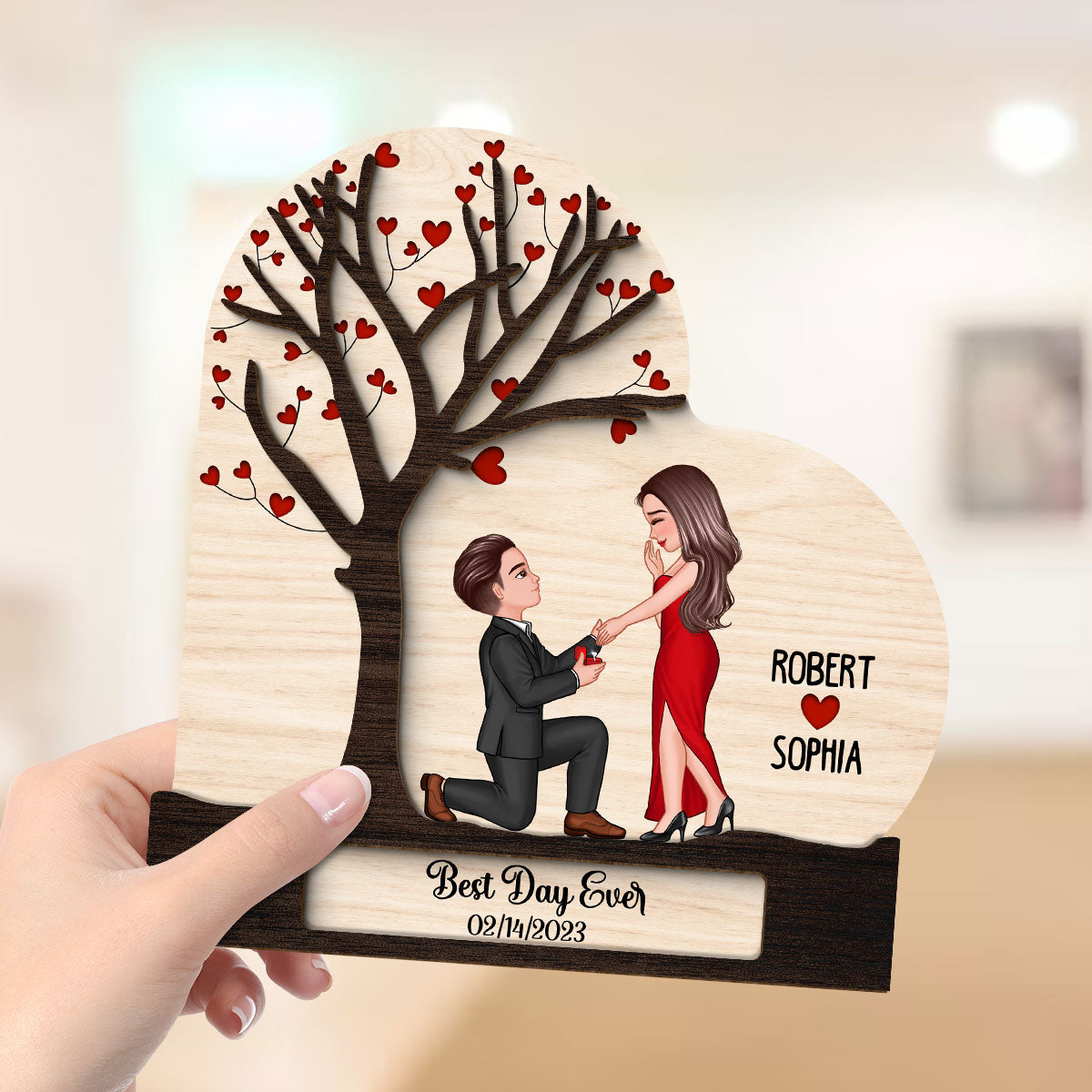 Proposal Couple Under Heart Tree Personalized 2-layer Wooden Plaque