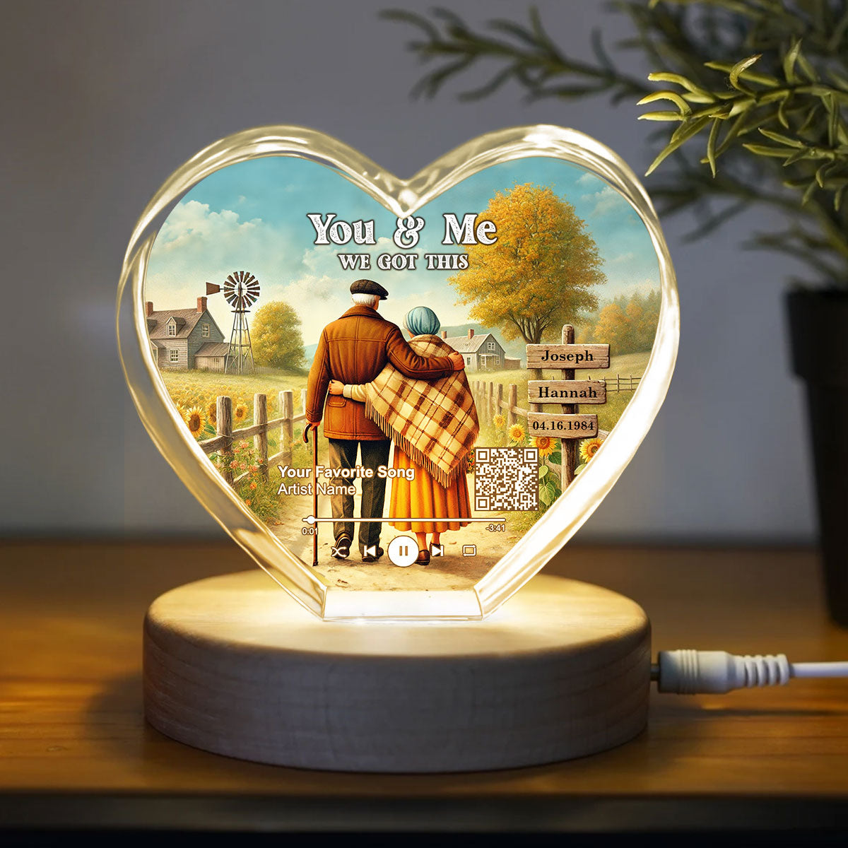 Couple Growing Old Together Favorite Song Scannable QR Code Personalized Premium Crystal Heart LED, Free Shipping Included