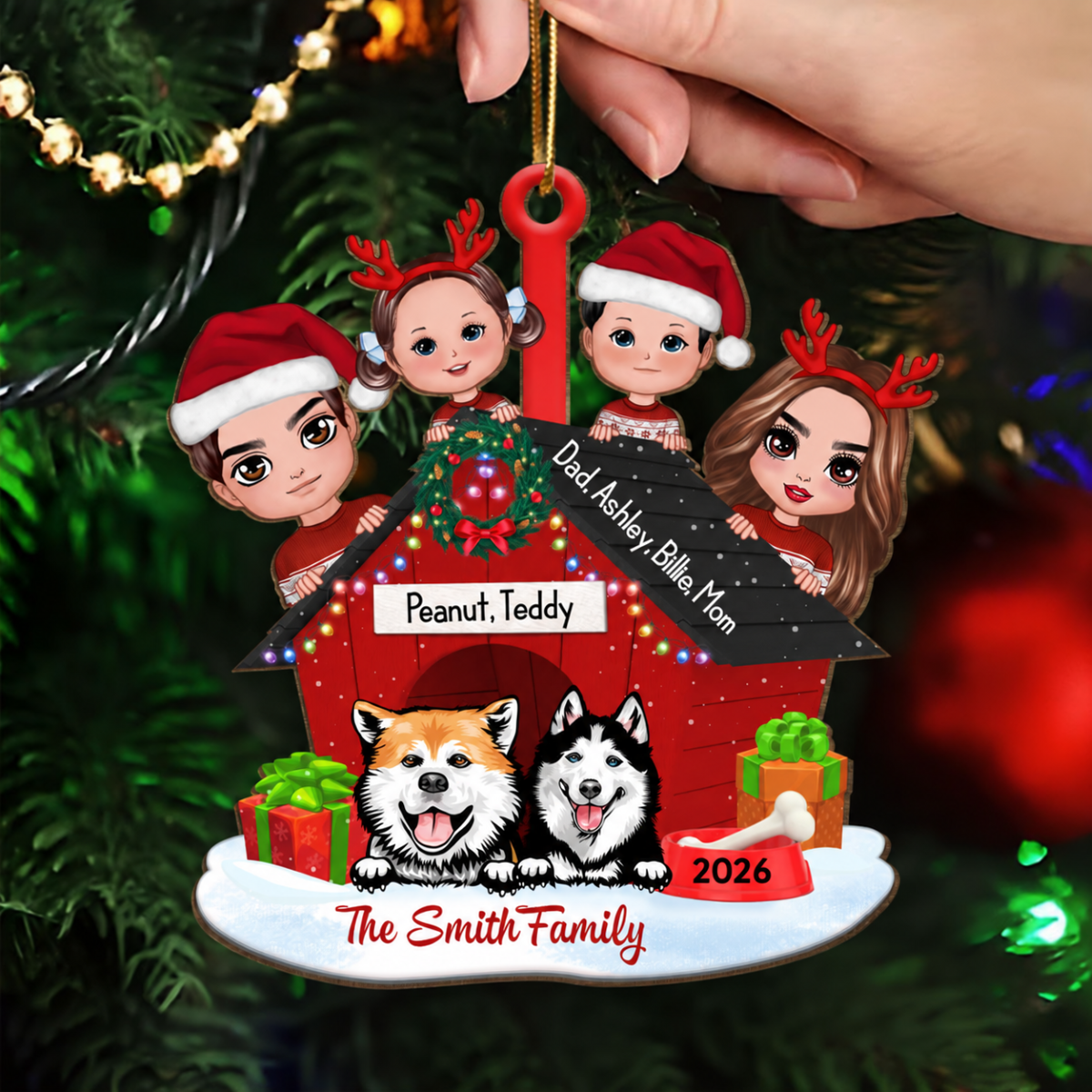 Family And Dogs Christmas - Personalized Wooden Ornament
