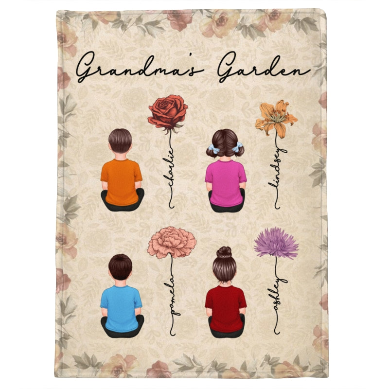 Grandkids Sitting Grandma Garden Vintage Birth Month Flowers Personalized Fleece Blanket