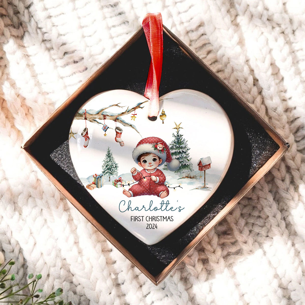 Watercolor Woodland Baby's First Christmas Personalized Heart Shaped Ceramic Ornament, Christmas Gift Keepsake for New Mom New Dad