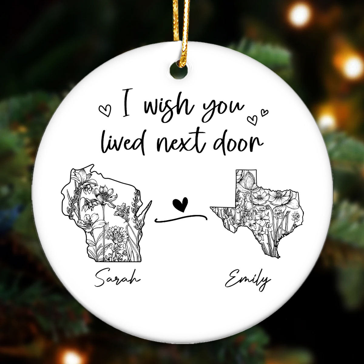 Togetherness Keepsake Long Distance Outline Wildflower State Map Personalized Ceramic Ornament