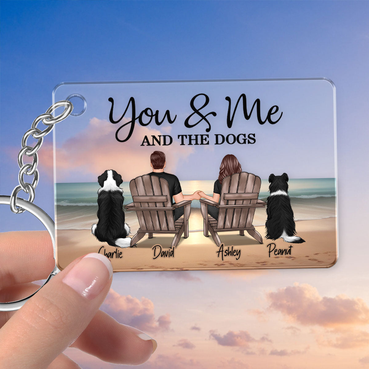 You Me And The Dogs Cats Couple Realistic Beach Landscape Personalized Acrylic Keychain, Gift For Him, For Her