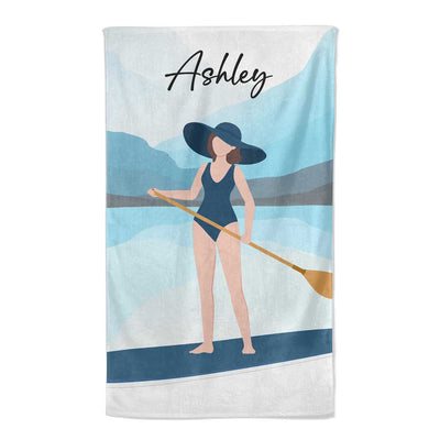 Woman Paddle Boarding Summer Gift Personalized Beach Towel