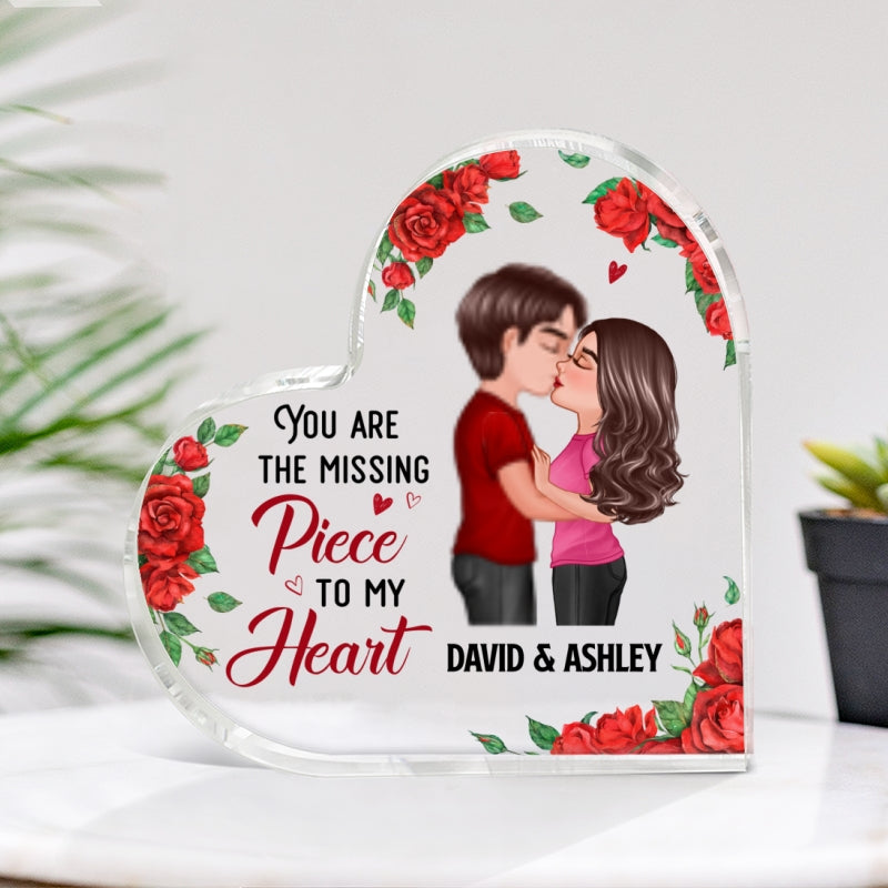 Rose Pattern Doll Couple Kissing You Are My Missing Piece Gift For Him For Her Personalized Heart Acrylic Plaque